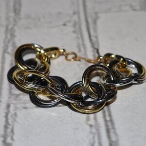 ⚙️✨ Chunky Mixed-Metal Bracelet · Silver, Gold & Gunmetal · 8.5" Hook Clasp